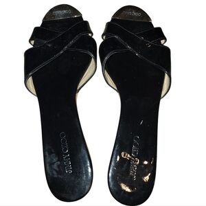 Jimmy Choo Black Patent Leather Panna Cork Wedge Mules Size 38.5
